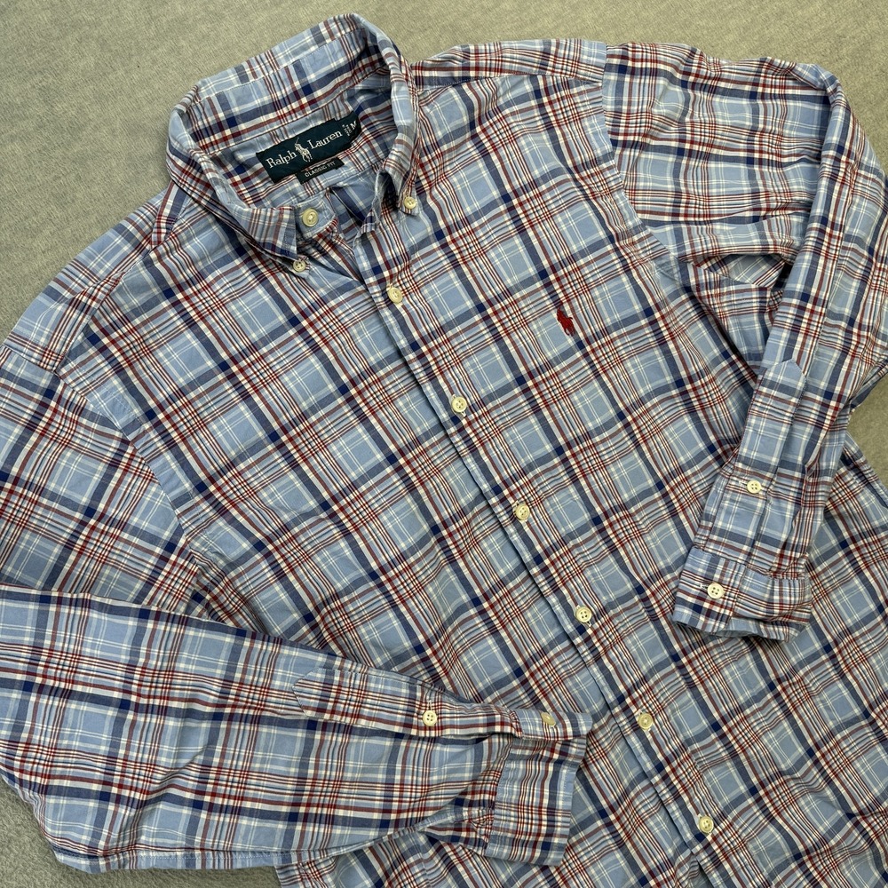 Ralph Lauren Shirt Mens Medium Blue Red Plaid Classic Fit Button Down Pony VTG